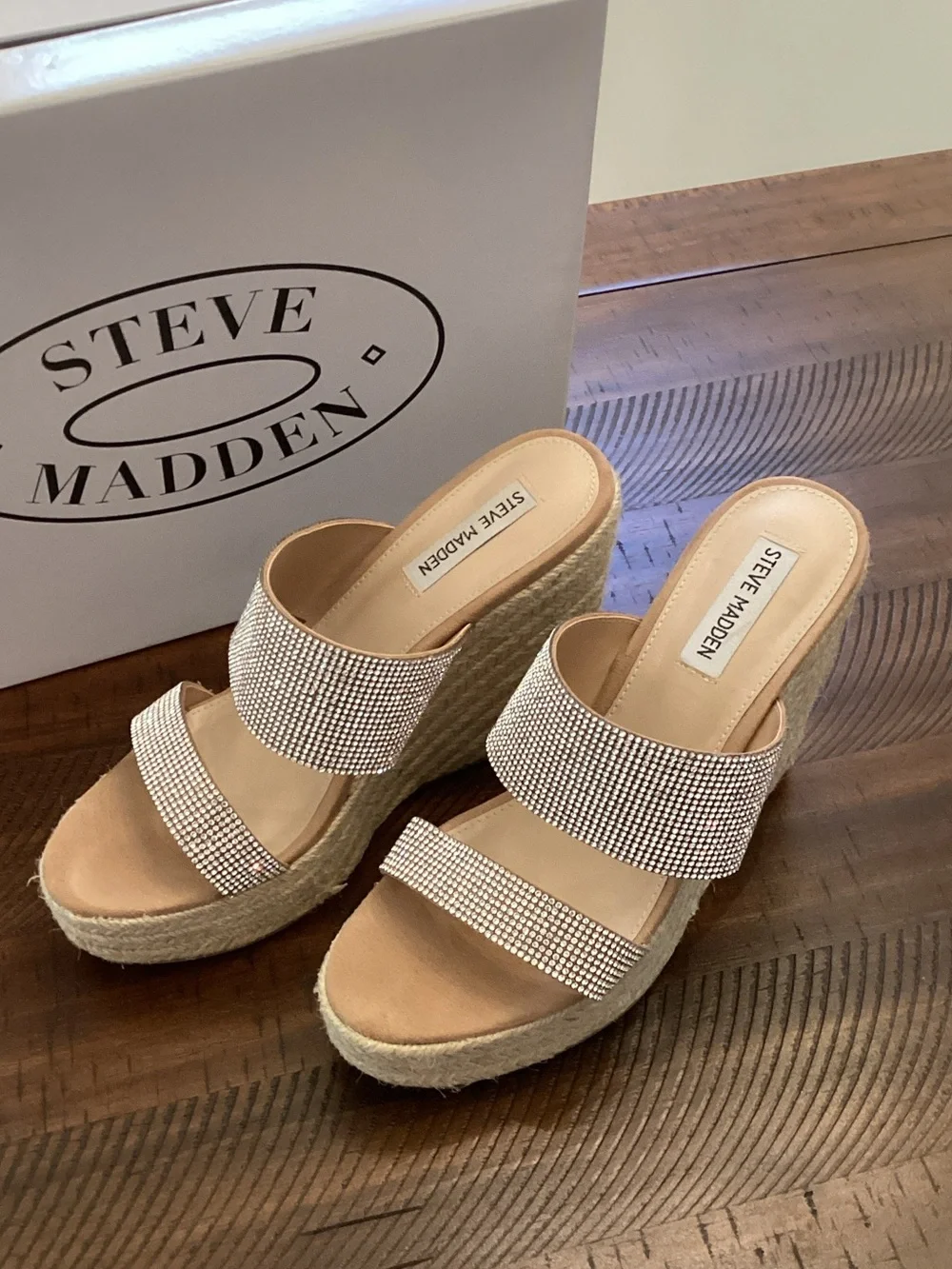Steve Madden Beige Crystal Espadrille Wedge Sandals